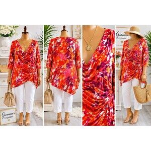 Coldwater Creek Womens 2X Blouse Orange Abstract Print Surplice 3/4 Sleeve Plus